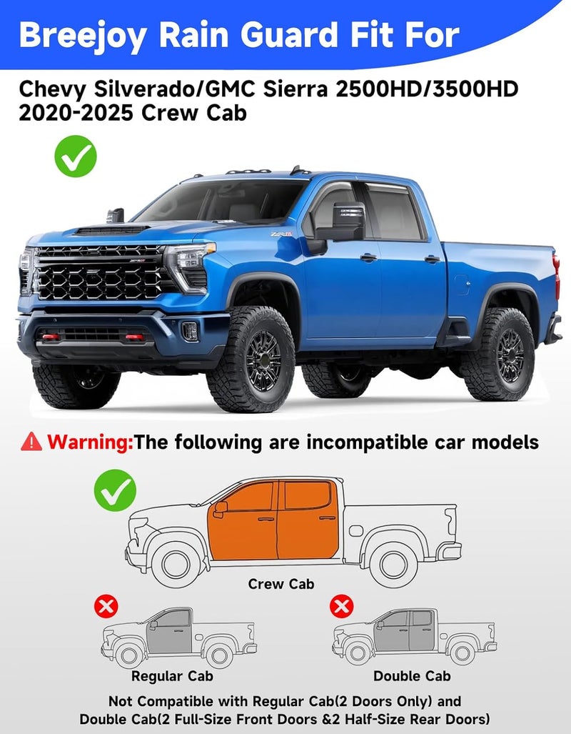 Breejoy in-Channel Window Rain Guards Fit for for Truck Chevy Silverado/GMC Sierra 2500HD 3500HD 2020-2026 Crew Cab, Window Deflector Extra Durable Visors Vent Visors Vent Shades Car Accessories - Image 3